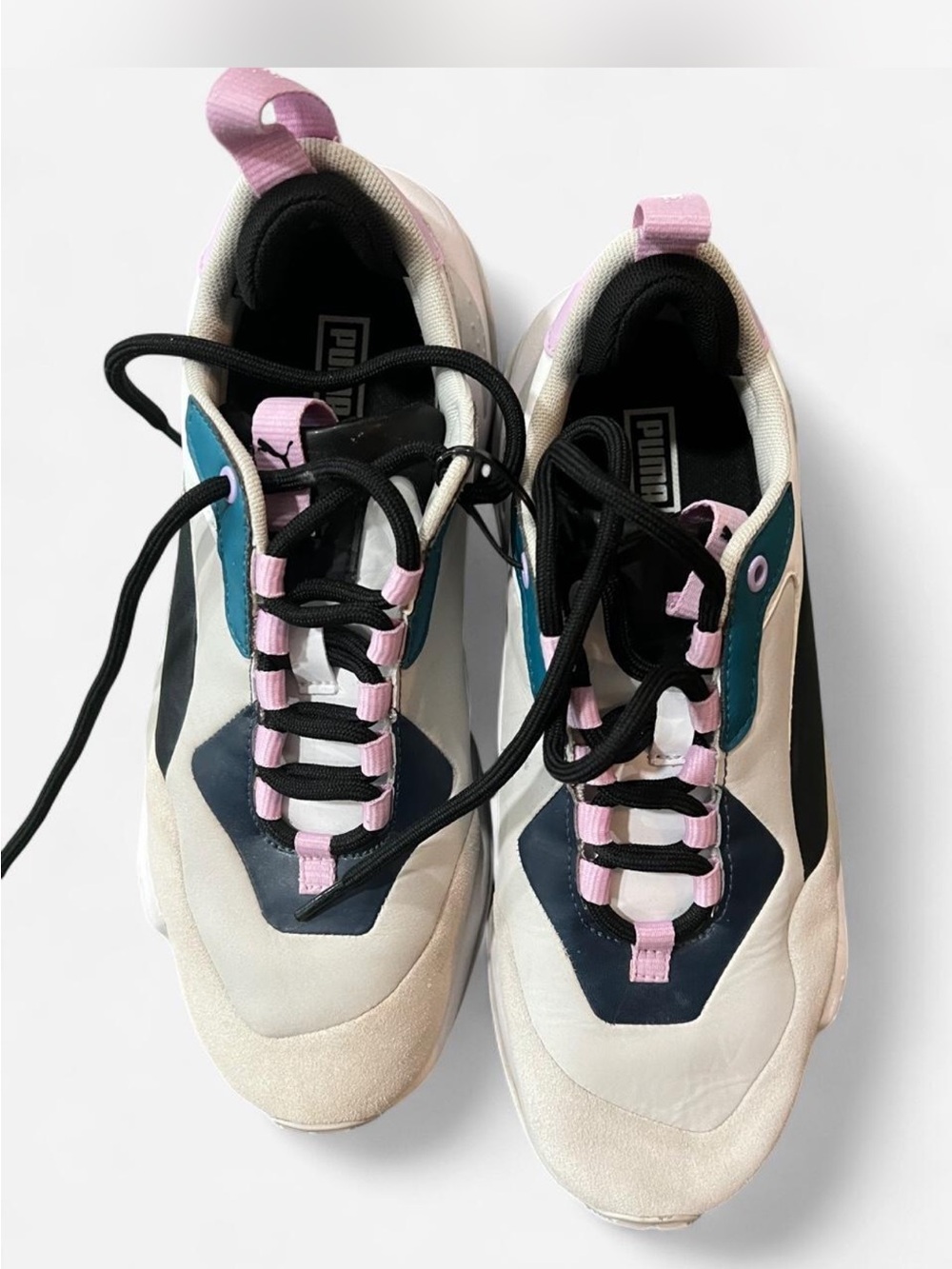 Puma Women's White Sneakers with Pink and Teal Accents